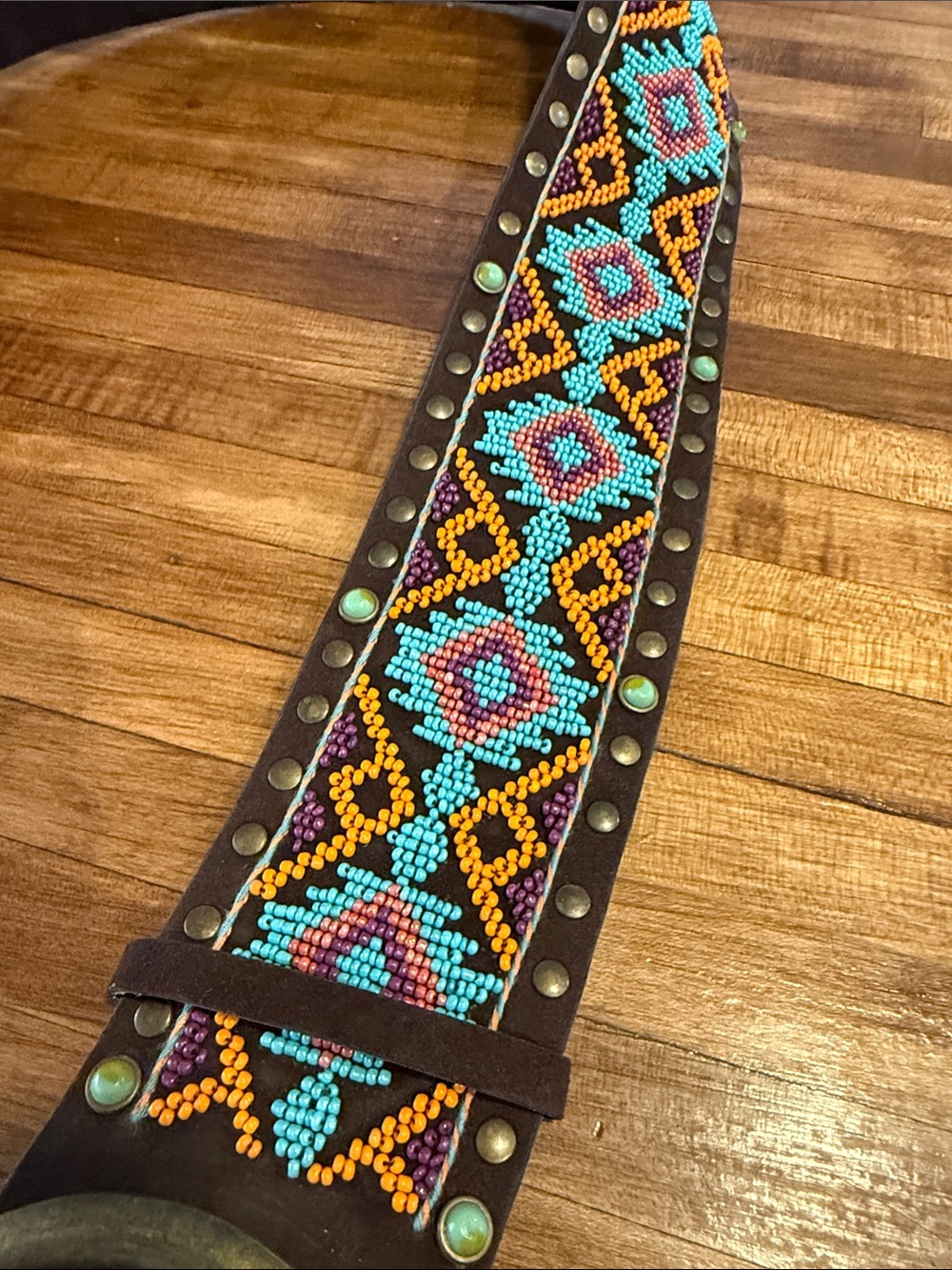 Rare! Tasha Polizzi Wide Beaded Leather Fringe Belt Turquoise Western Boho Sz M